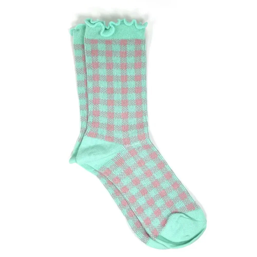 NWT Sweet Cheek Teal Checkered Ruffle Crew Socks